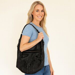 Cole Haan Black Leather Shoulder Bag – 3D Floral Leaves Embossed Design
